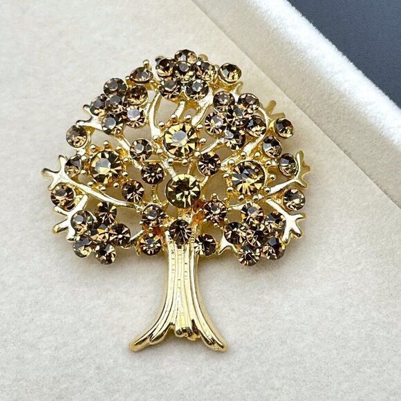 Yellow Gold with Champagne Topaz Crystal Blooming Tree Pin Back Brooch - Picture 3 of 9